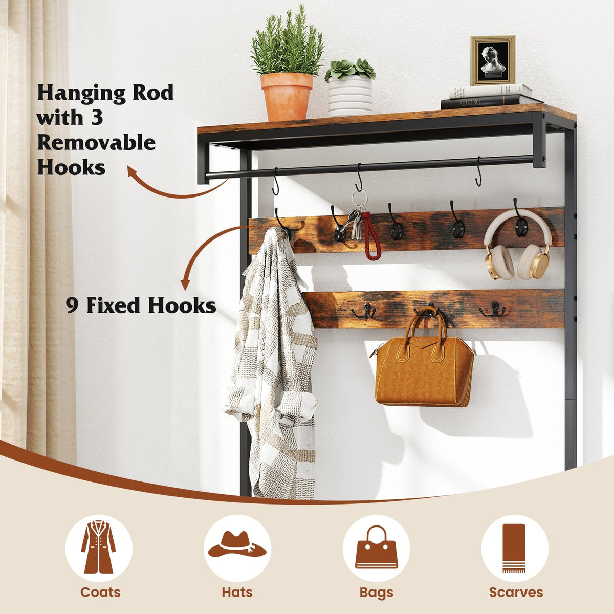 70 Inch Hall Tree with Shoe Storage Bench Freestanding Coat Rack-Rustic Brown