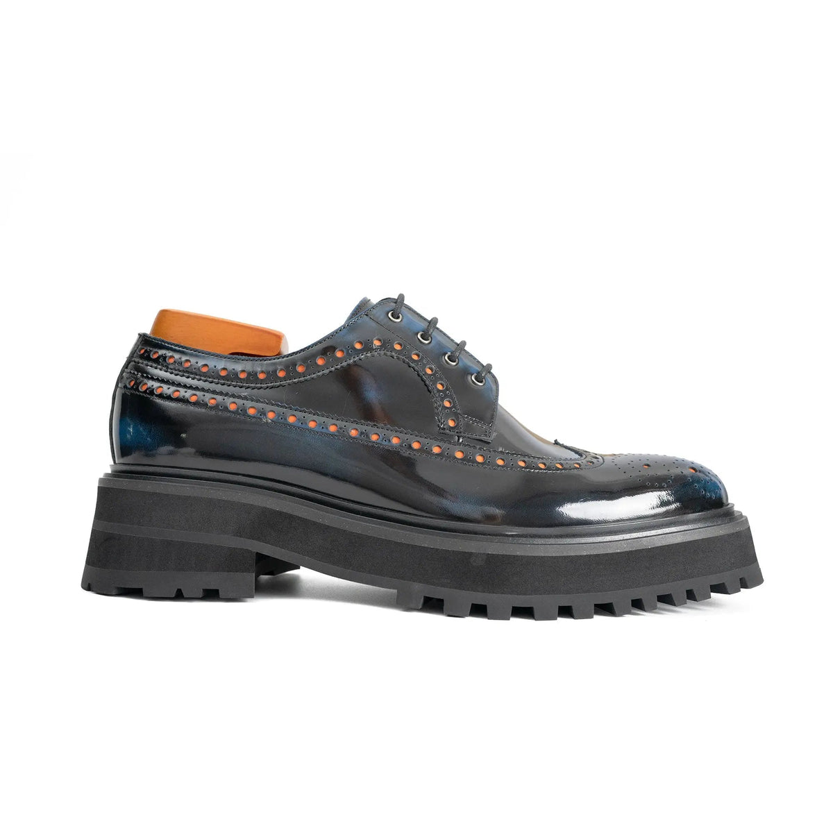 Blue-Black Wingtip Calf Leather Derby Shoes