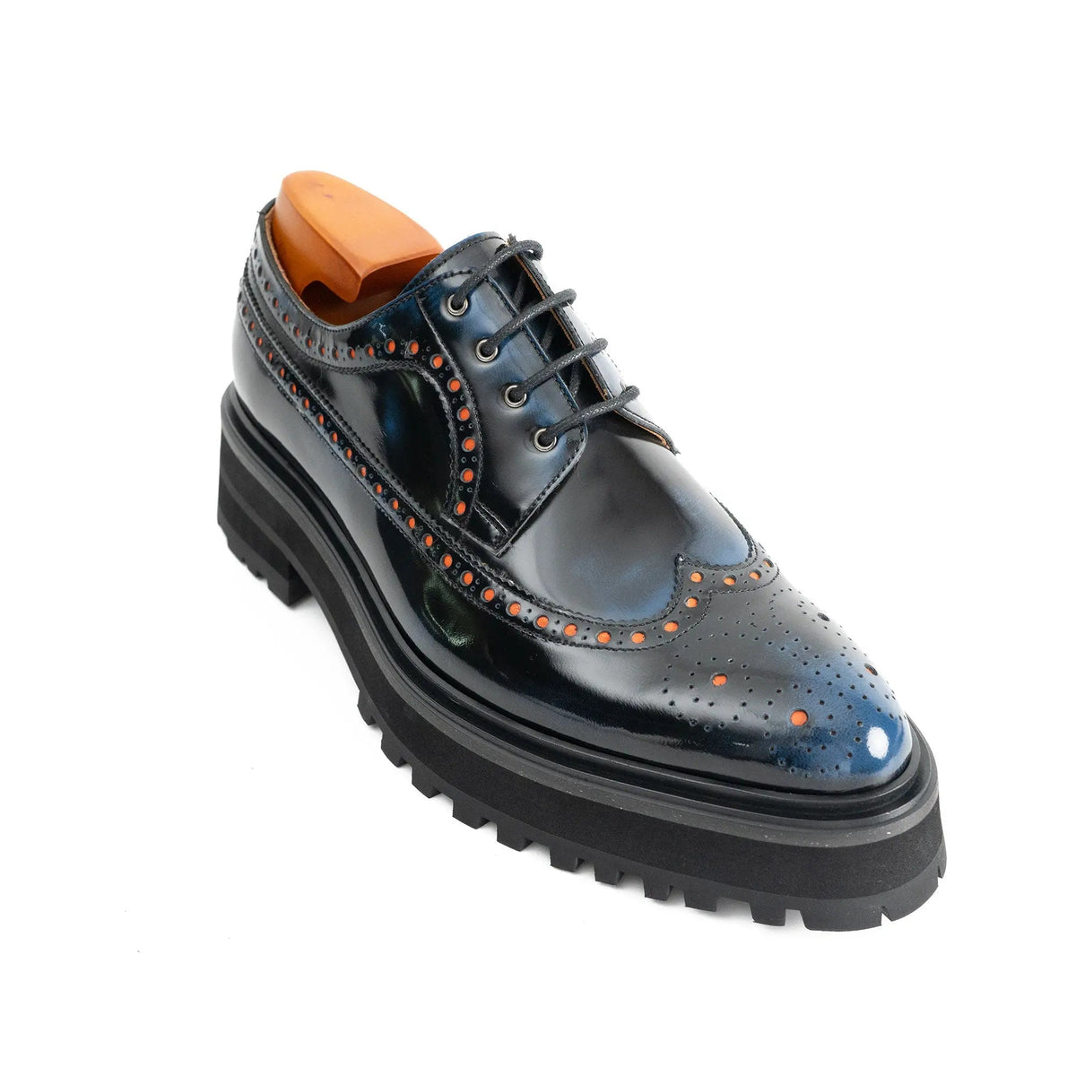 Blue-Black Wingtip Calf Leather Derby Shoes