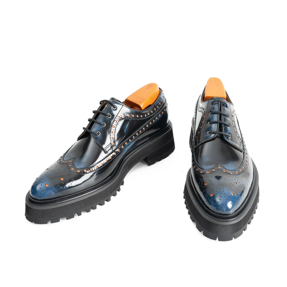 Blue-Black Wingtip Calf Leather Derby Shoes