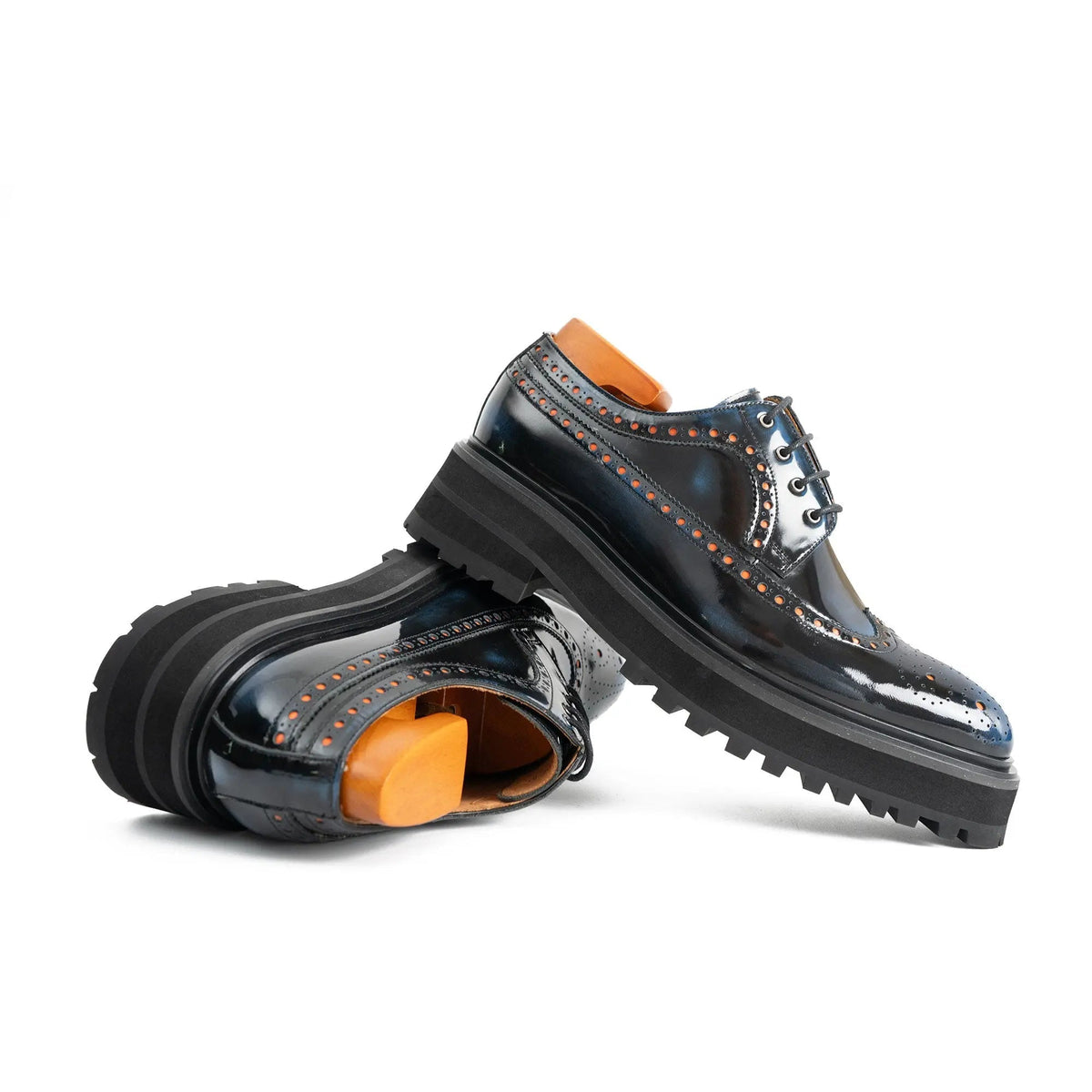 Blue-Black Wingtip Calf Leather Derby Shoes