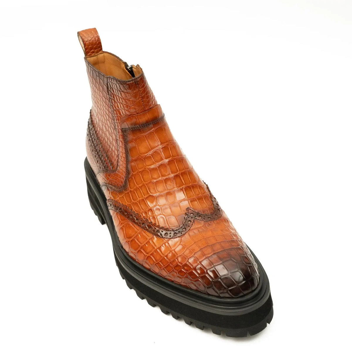 Orange-Brown Wingtip Crocodile Leather Chelsea Boots