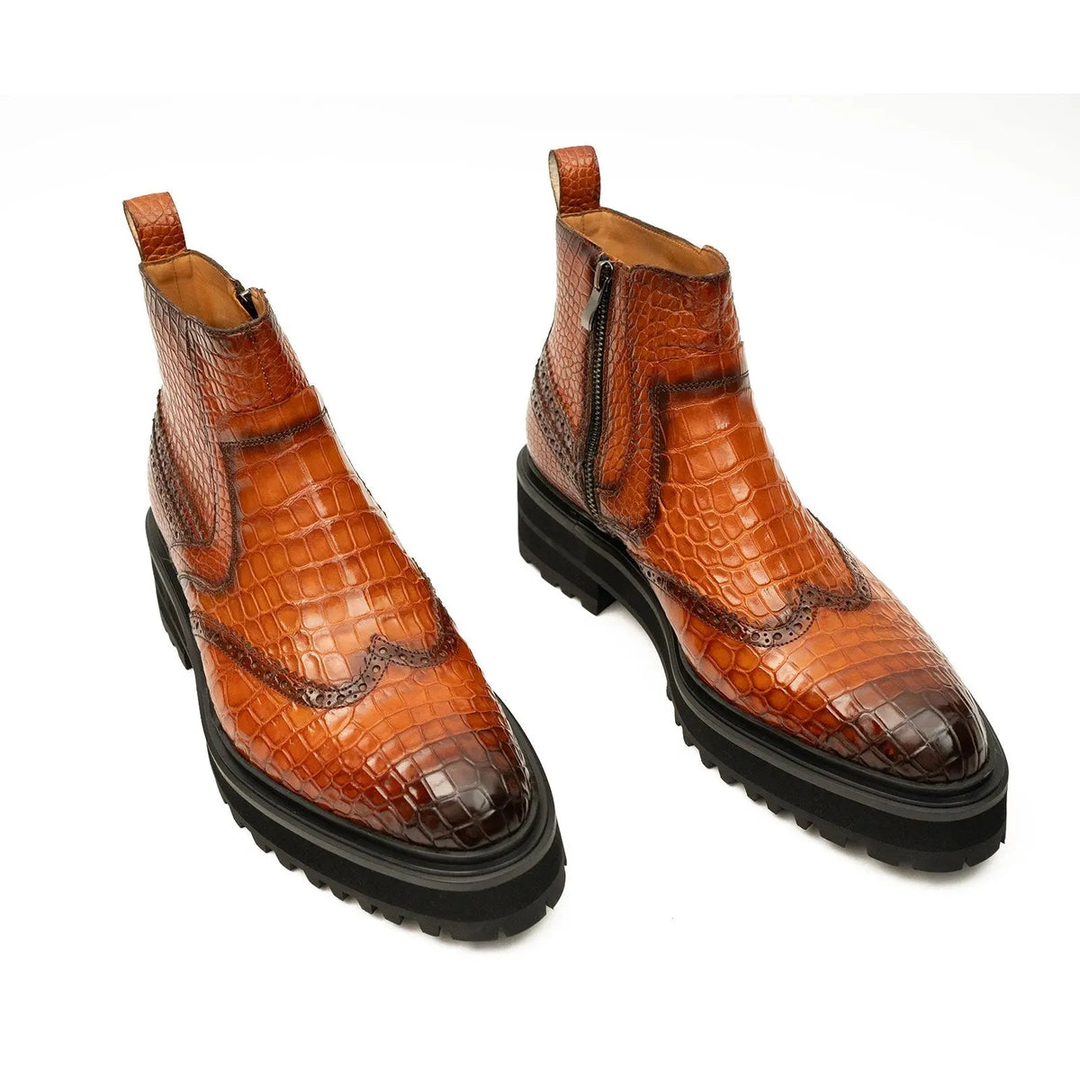Orange-Brown Wingtip Crocodile Leather Chelsea Boots
