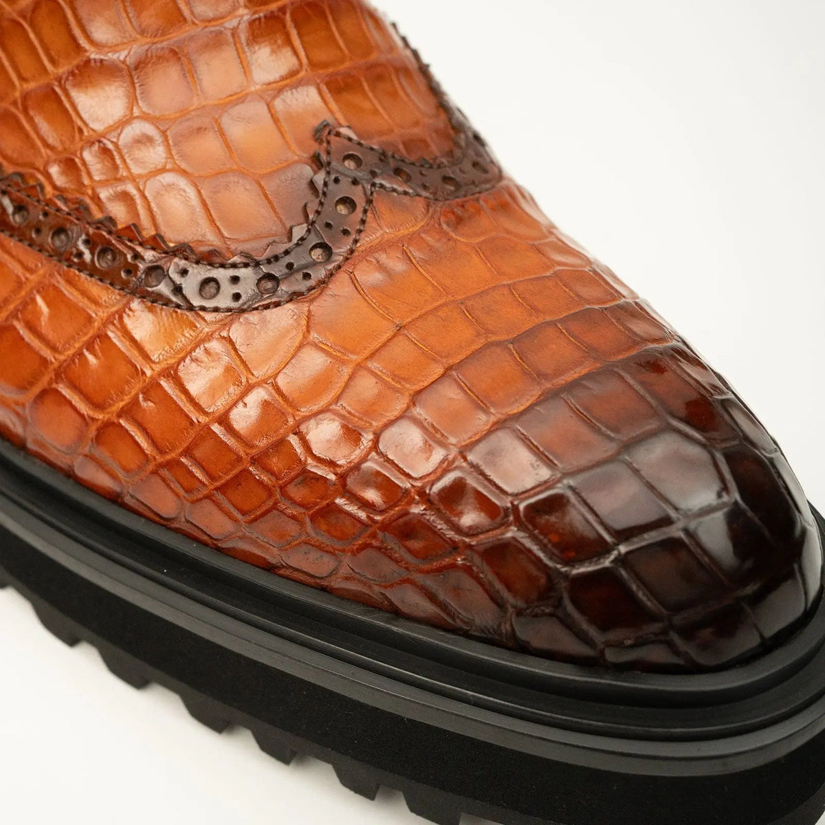 Orange-Brown Wingtip Crocodile Leather Chelsea Boots