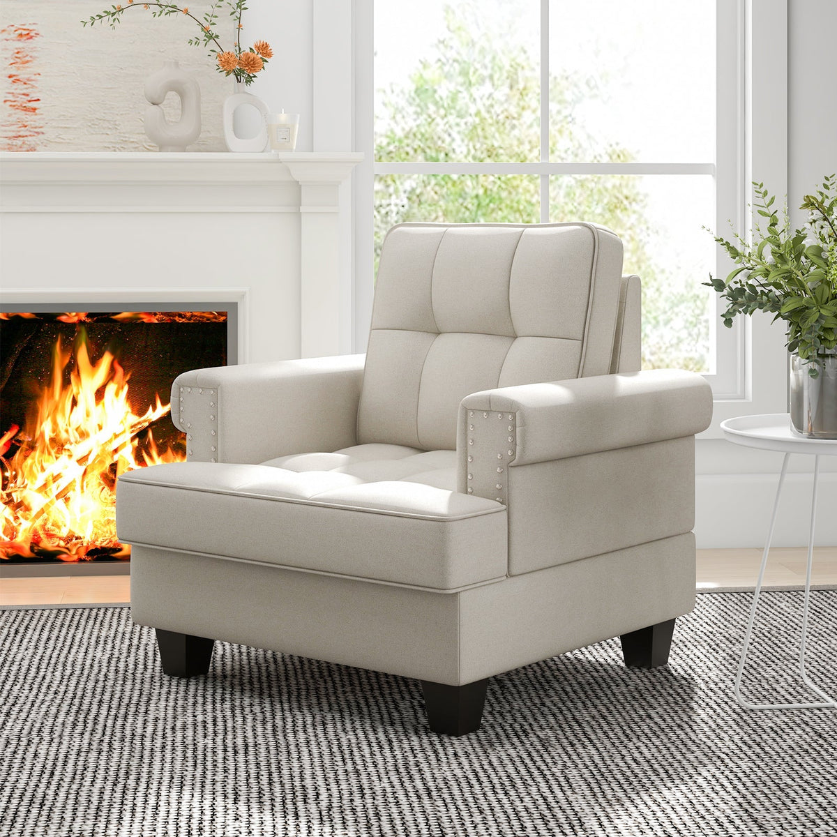 Mid-century Modern Accent Armchair Tufted Linen Club Chair