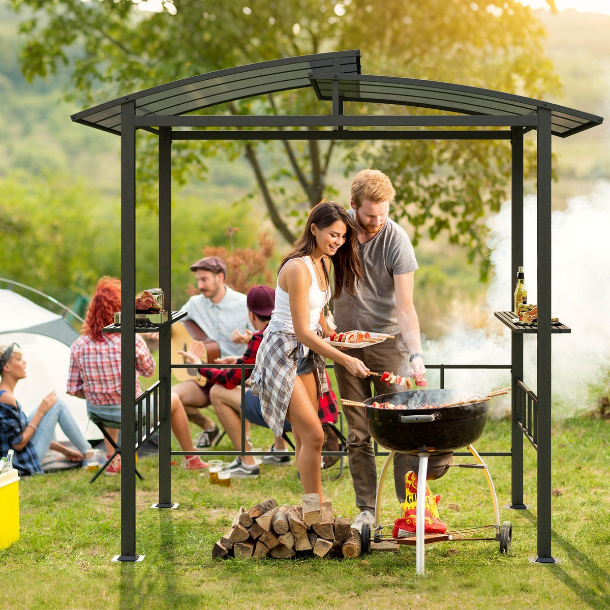 Hardtop Grill Gazebo with Vented Polycarbonate Roof Side Shelves-Black