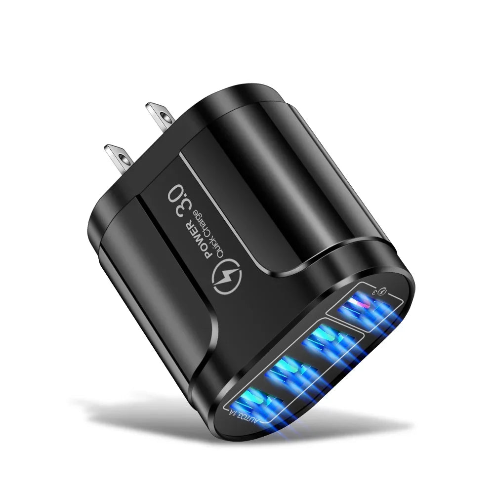 4 USB 45W USB Charger Fast Charge QC 3.0 Wall Charging For iPhone 15 14 Samsung Xiaomi Mobile 4 Ports EU US Plug Adapter Travel