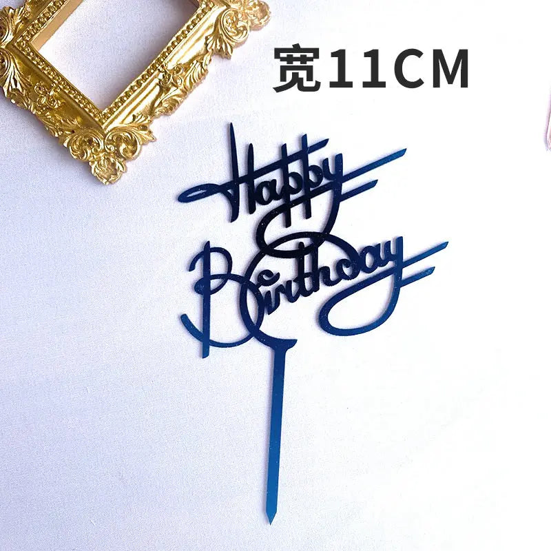 Ins Golden Happy Birthday Cake Topper Black Acrylic Birthday Party Cake Topper Cake for Baby Shower Dessert Decoration Gift Flag