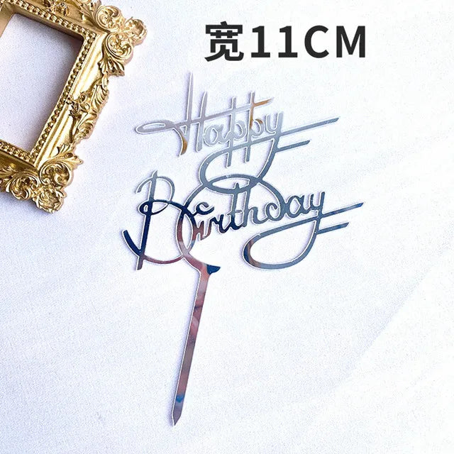 Ins Golden Happy Birthday Cake Topper Black Acrylic Birthday Party Cake Topper Cake for Baby Shower Dessert Decoration Gift Flag