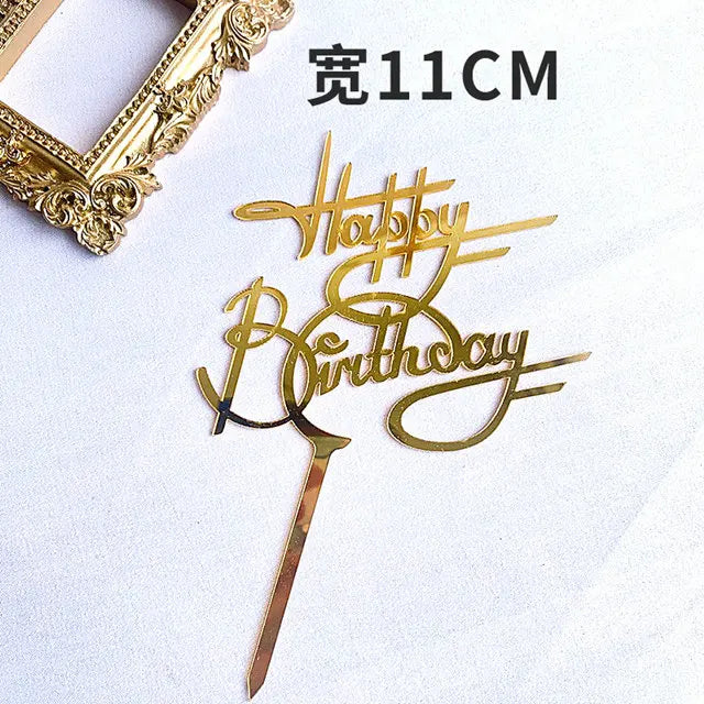 Ins Golden Happy Birthday Cake Topper Black Acrylic Birthday Party Cake Topper Cake for Baby Shower Dessert Decoration Gift Flag