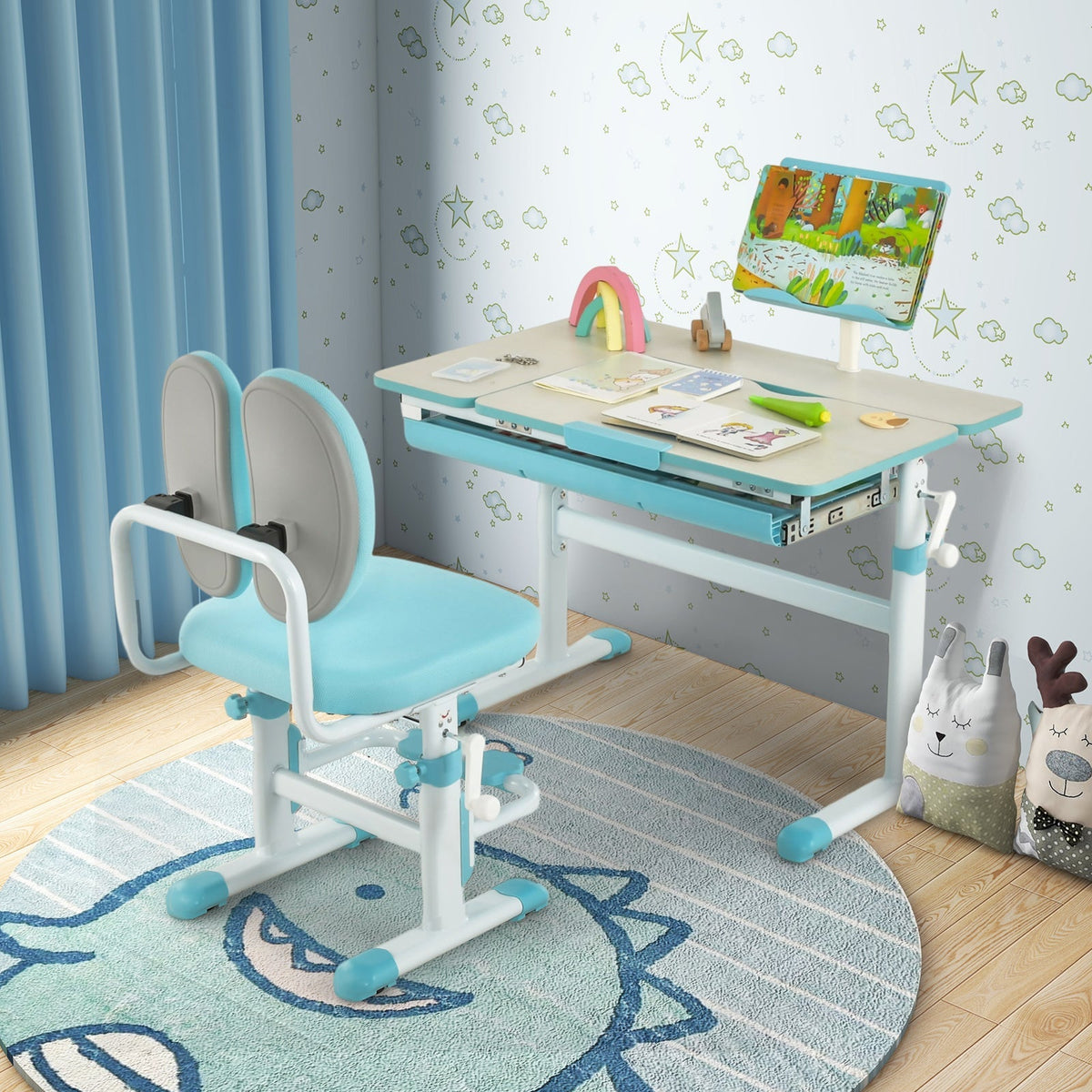 Escritorio infantil de altura ajustable con tablero inclinable y soporte para libros