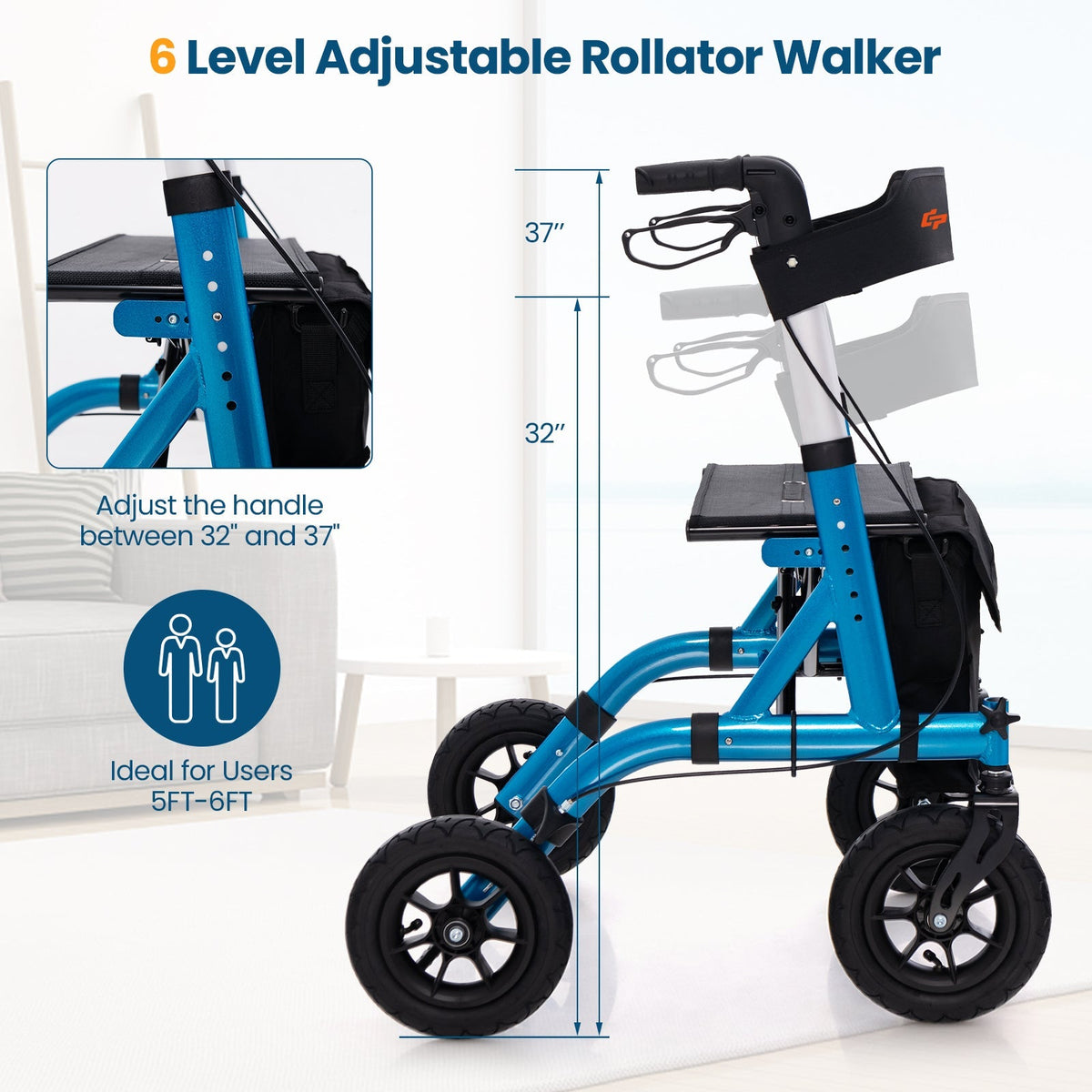 Height Adjustable Rollator Walker Foldable Rolling Walker with Seat for Seniors