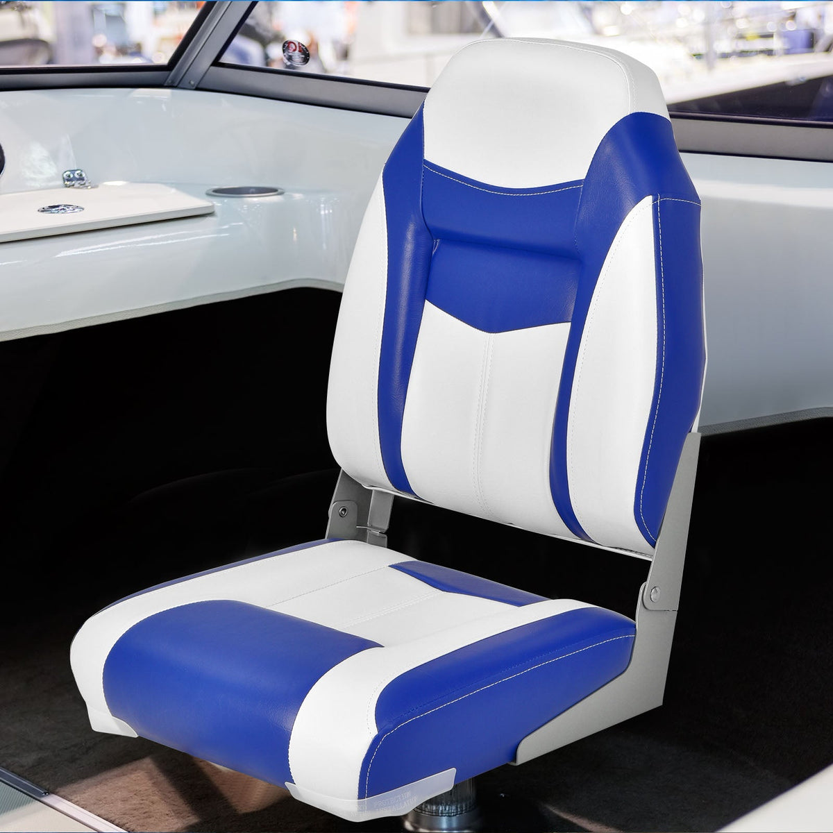Asiento de barco plegable con respaldo alto, cojín de esponja azul y blanco, y bisagras flexibles - Azul