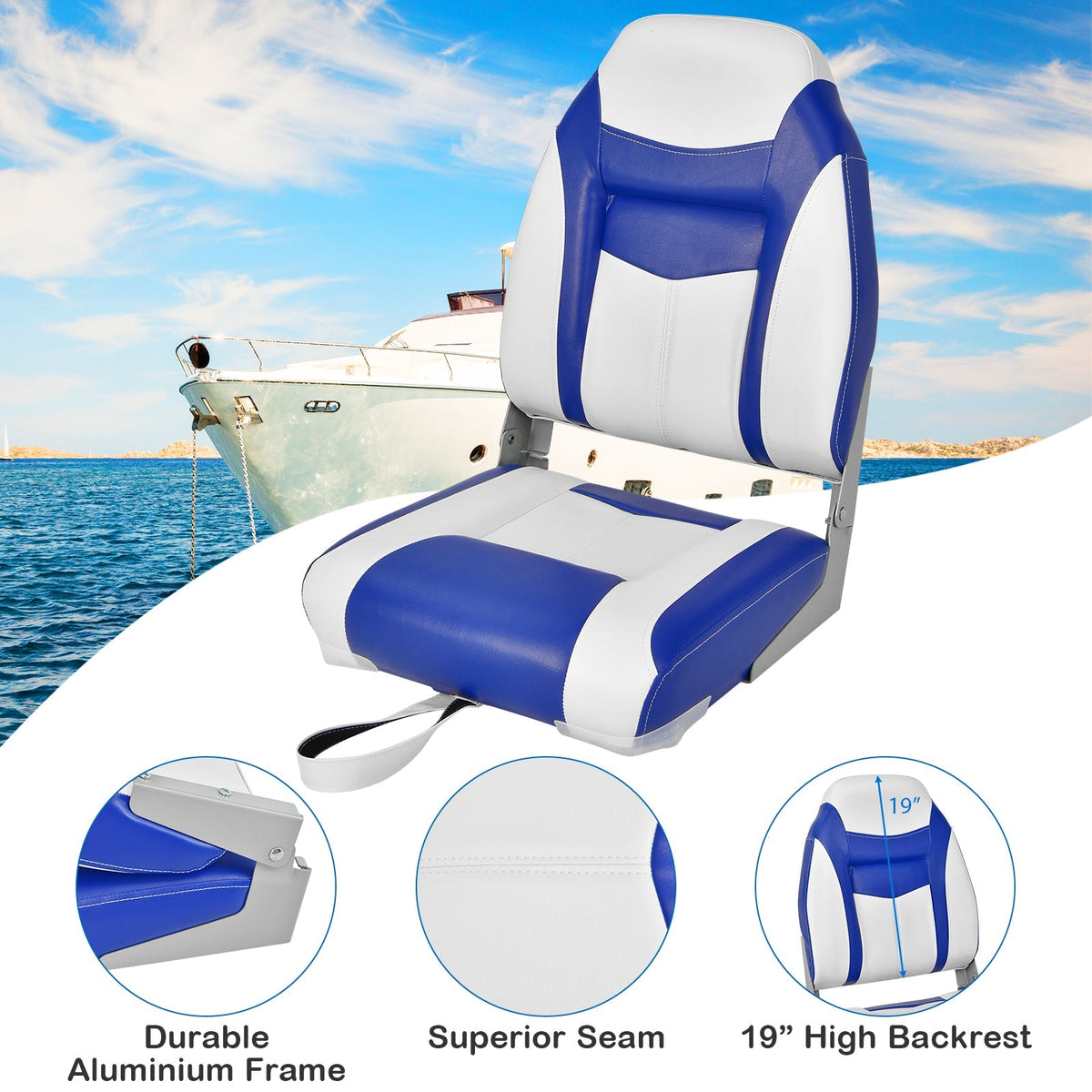 Asiento de barco plegable con respaldo alto, cojín de esponja azul y blanco, y bisagras flexibles - Azul