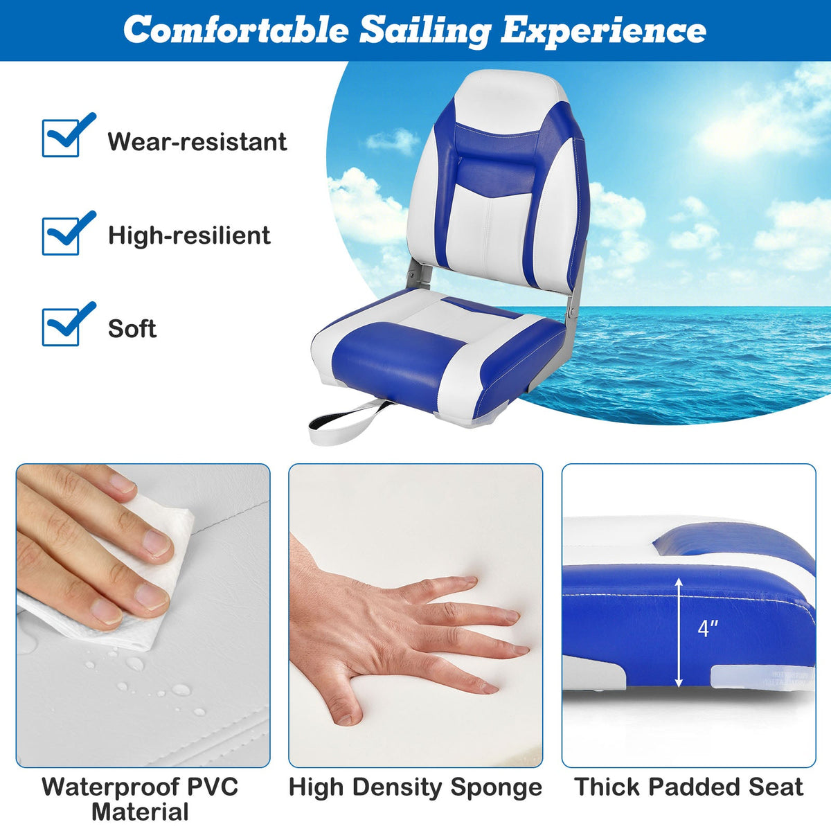 Asiento de barco plegable con respaldo alto, cojín de esponja azul y blanco, y bisagras flexibles - Azul