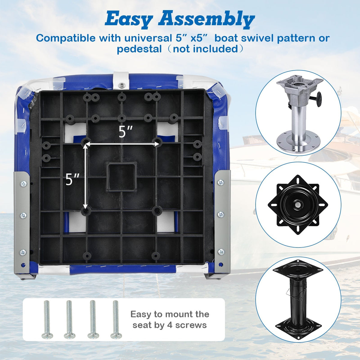 Asiento de barco plegable con respaldo alto, cojín de esponja azul y blanco, y bisagras flexibles - Azul