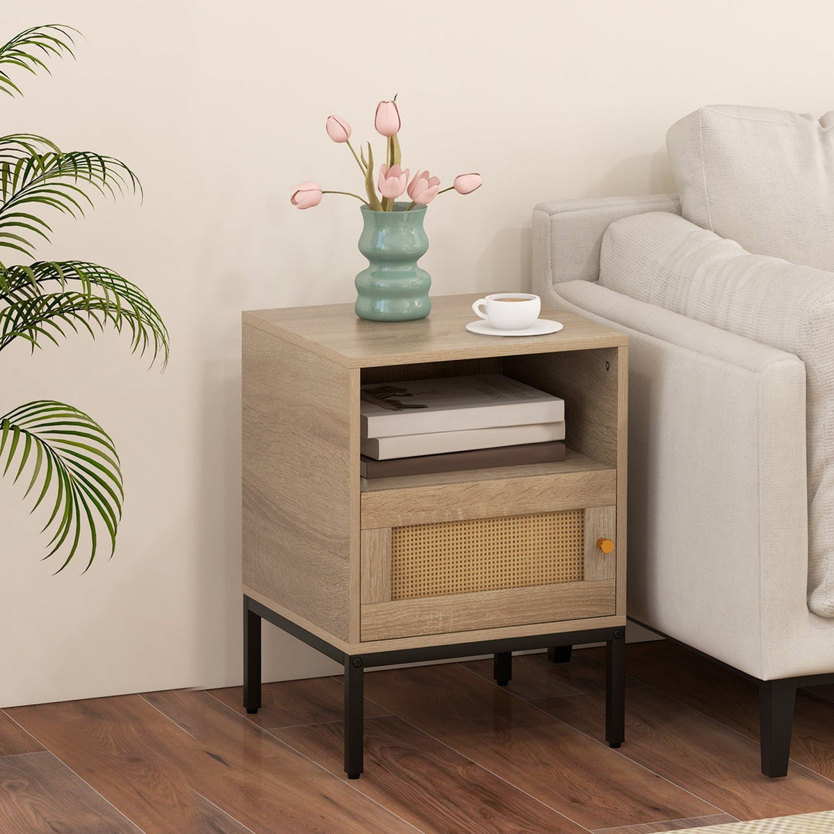 Home Boho Style Accent Table with Open Shelf and 1 Door Cabinet-Natural