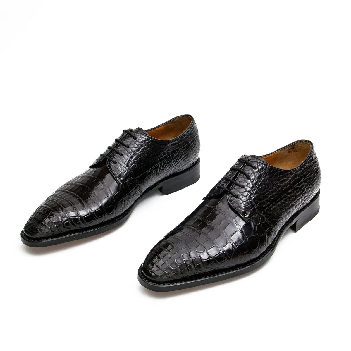 Black Plain-Toe Crocodile Leather Derby Shoes