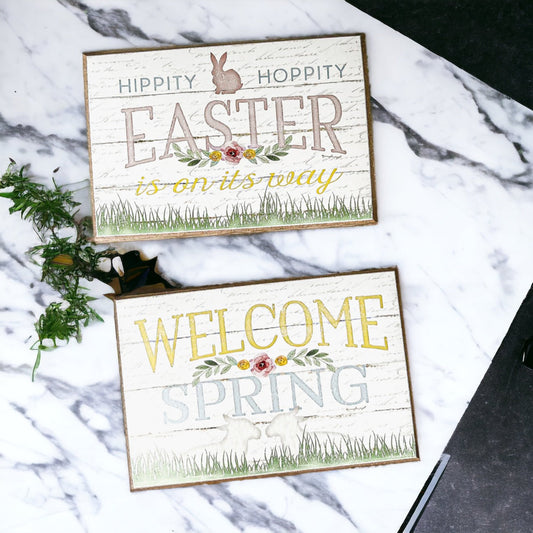 Easter Spring Floral Block Signs Set - Watercolor Bunny and Hippity Hoppity