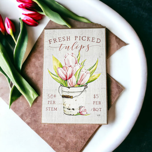 Fresh Tulips Wooden Block Sign Spring Summer Farmhouse Floral Home Decor Rustic Shelf Sitter