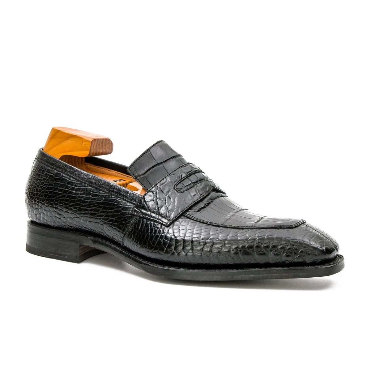 Black Apron-Toe Crocodile Leather Loafers