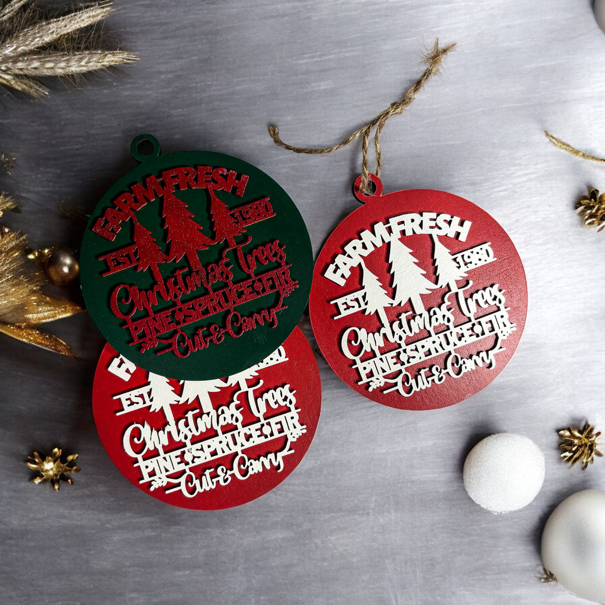 Handcrafted 3D Wooden Christmas Ornaments Farm Fresh Imperfect Set Tree Hanging Holiday Decor