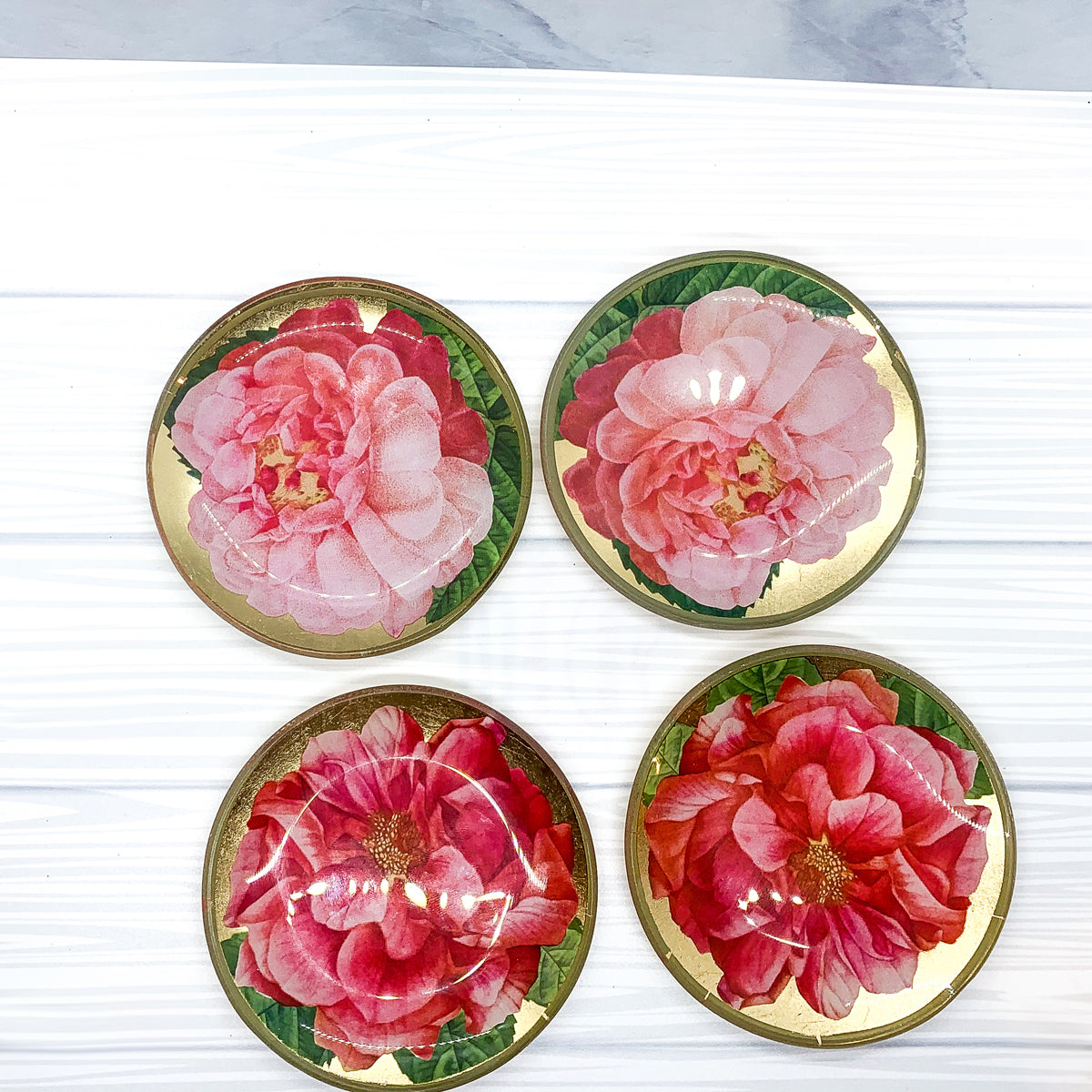 Rose Decoupage Trinket Tray Gold Leaf Vintage Jewelry Dish Coaster