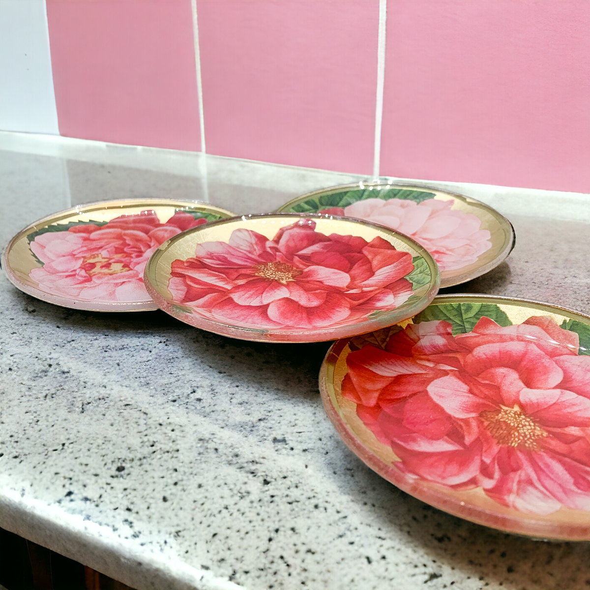 Rose Decoupage Trinket Tray Gold Leaf Vintage Jewelry Dish Coaster