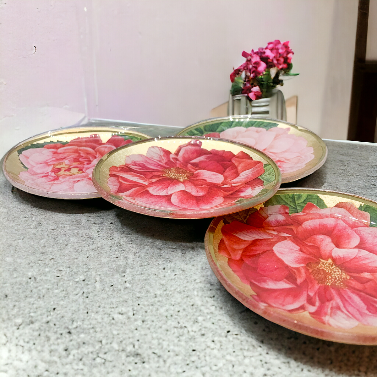 Rose Decoupage Trinket Tray Gold Leaf Vintage Jewelry Dish Coaster