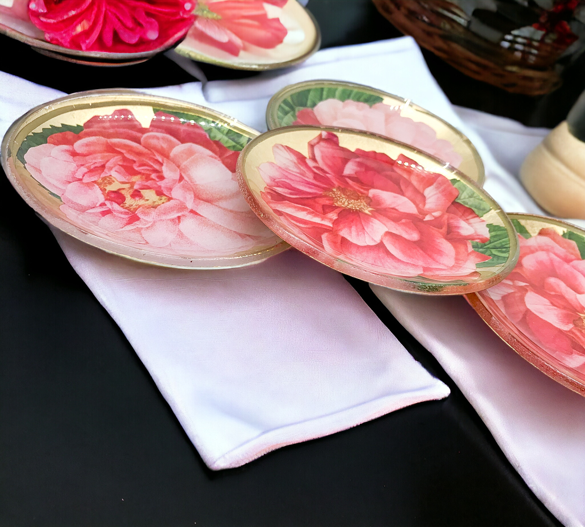 Rose Decoupage Trinket Tray Gold Leaf Vintage Jewelry Dish Coaster