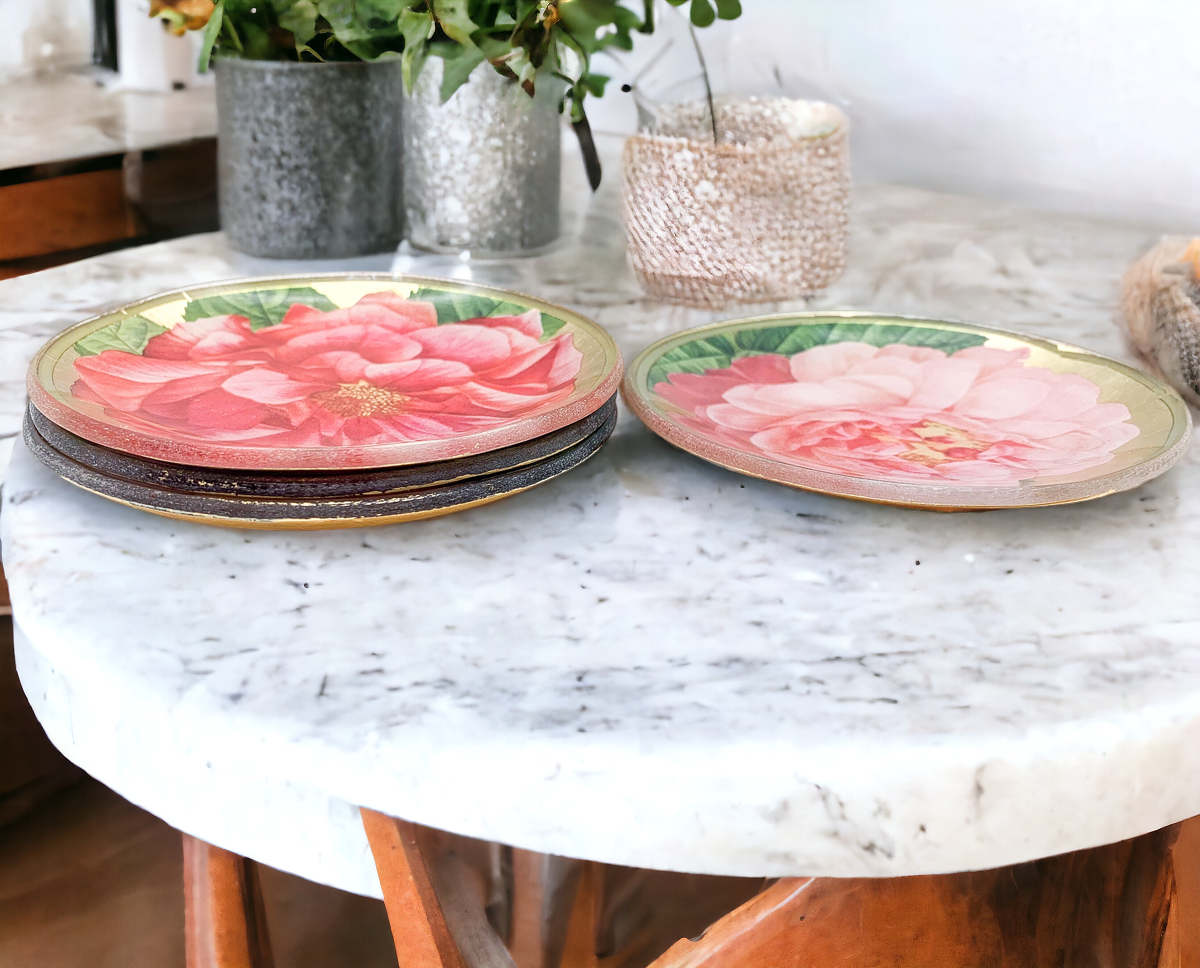 Rose Decoupage Trinket Tray Gold Leaf Vintage Jewelry Dish Coaster