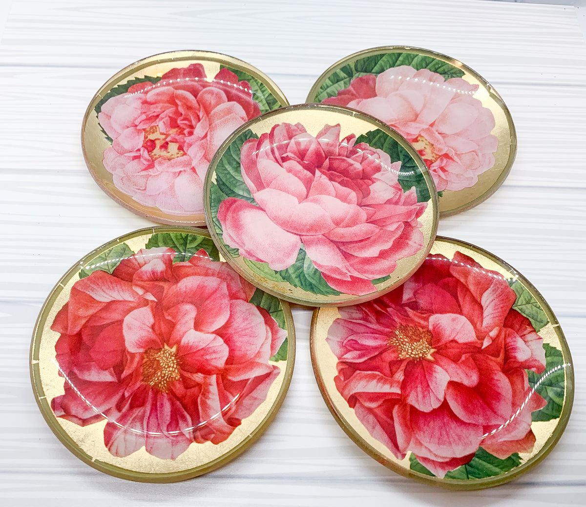 Rose Decoupage Trinket Tray Gold Leaf Vintage Jewelry Dish Coaster