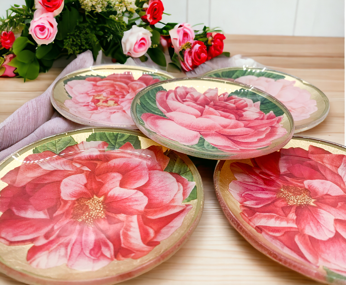 Rose Decoupage Trinket Tray Gold Leaf Vintage Jewelry Dish Coaster