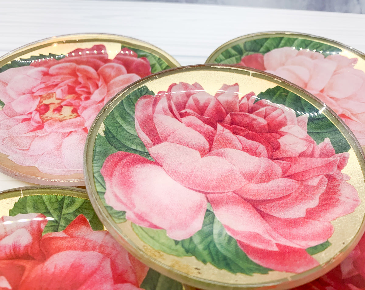 Rose Decoupage Trinket Tray Gold Leaf Vintage Jewelry Dish Coaster