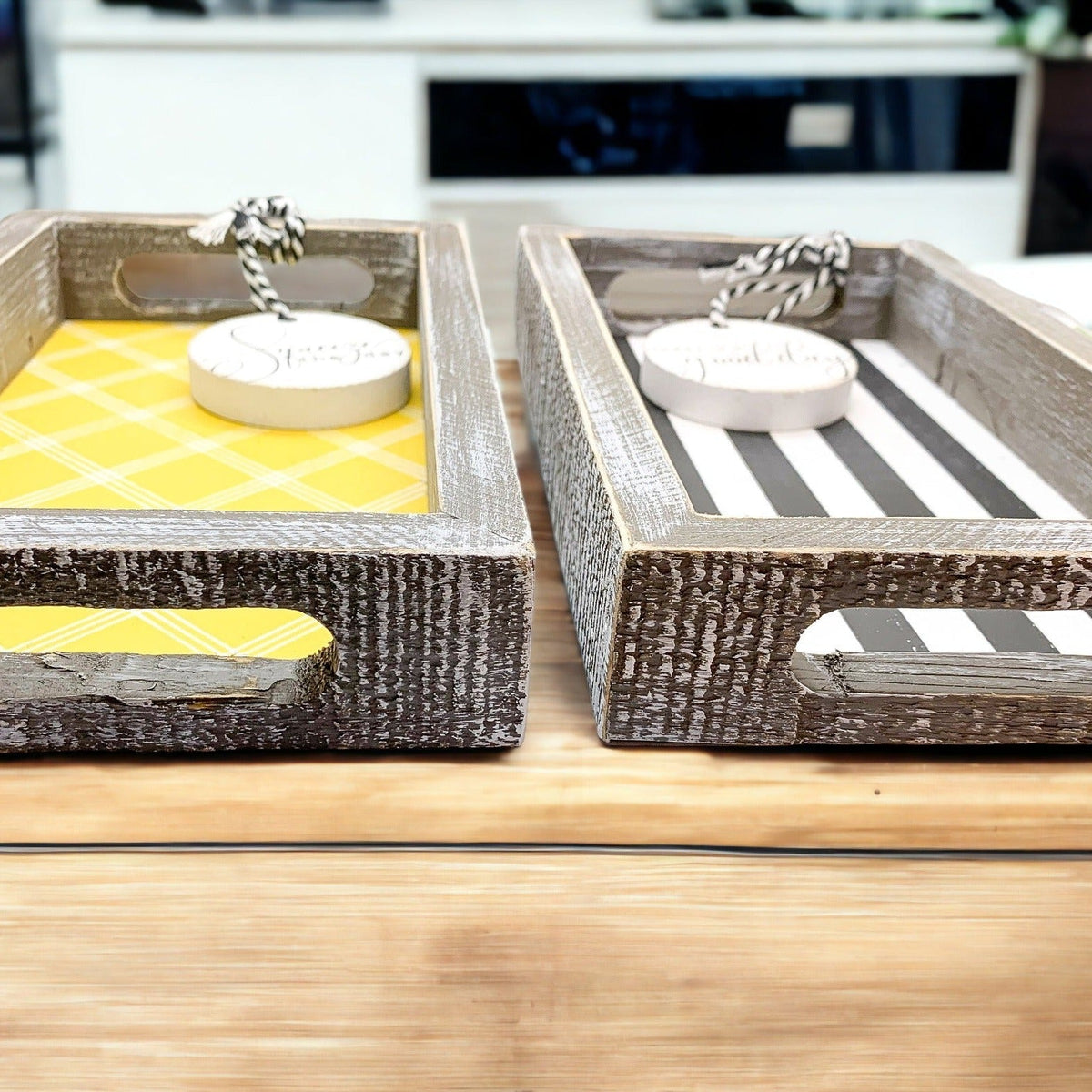 Handmade Wooden Serving Tray Yellow Striped Interior With Double Sided Lemon Ornament
