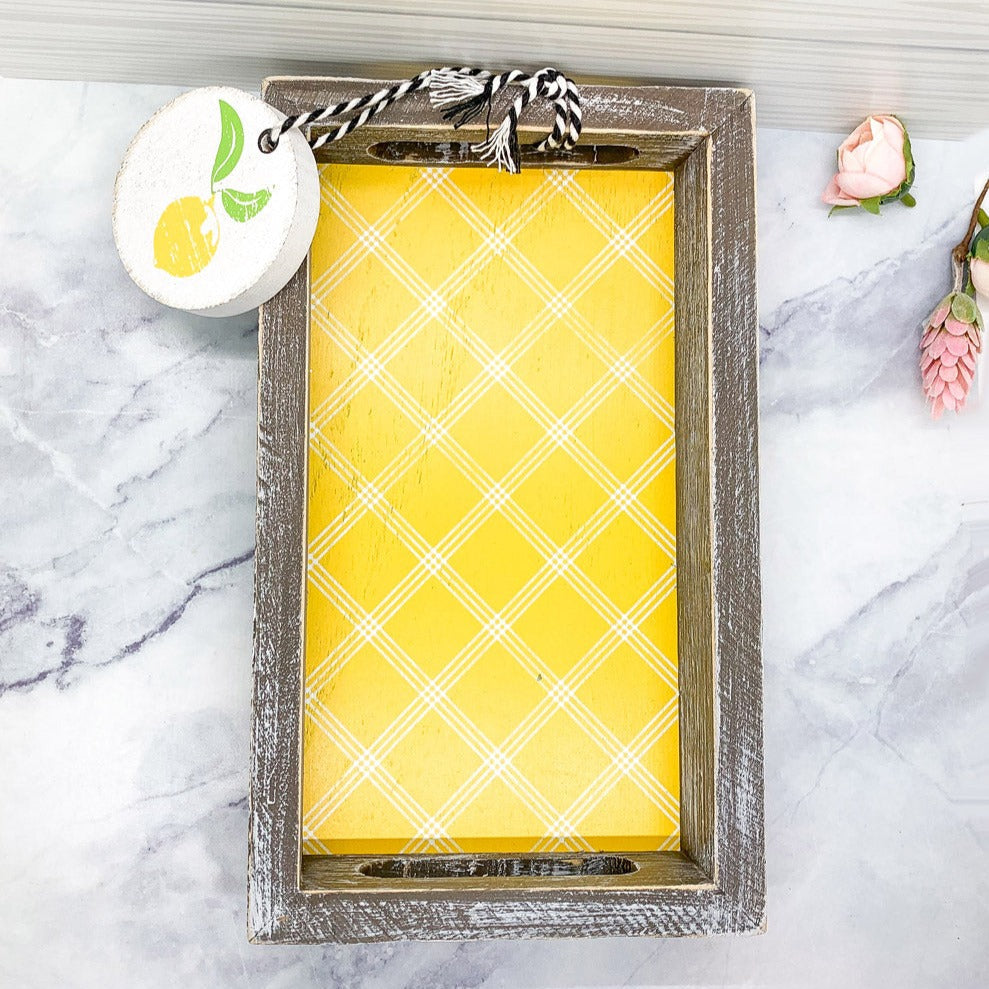Handmade Wooden Serving Tray Yellow Striped Interior With Double Sided Lemon Ornament