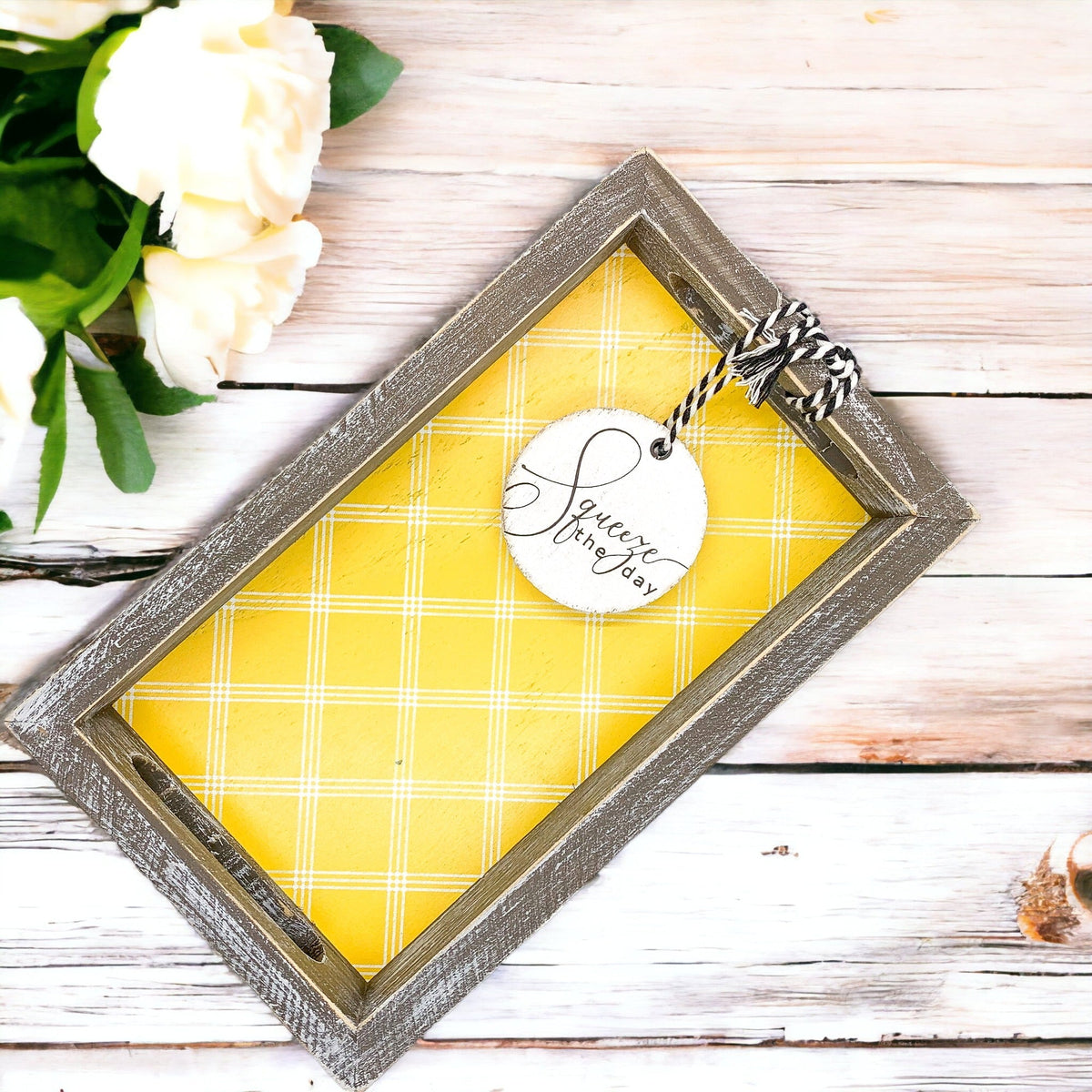 Handmade Wooden Serving Tray Yellow Striped Interior With Double Sided Lemon Ornament