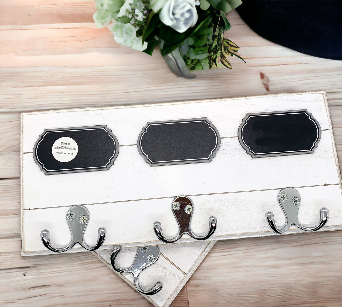 Chalkboard Wood Coat Hanger - Triple Hook Board With 3 Chalk Labels 15x6.75