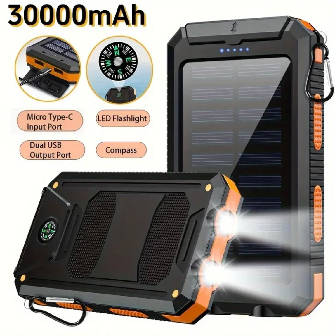 30000mAh Large Capacity Portable Charger | Solar Power Bank with LED Flashlight