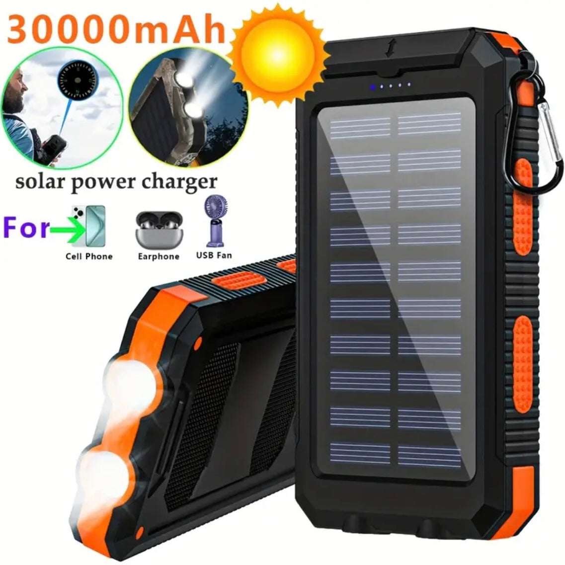 30000mAh Large Capacity Portable Charger | Solar Power Bank with LED Flashlight