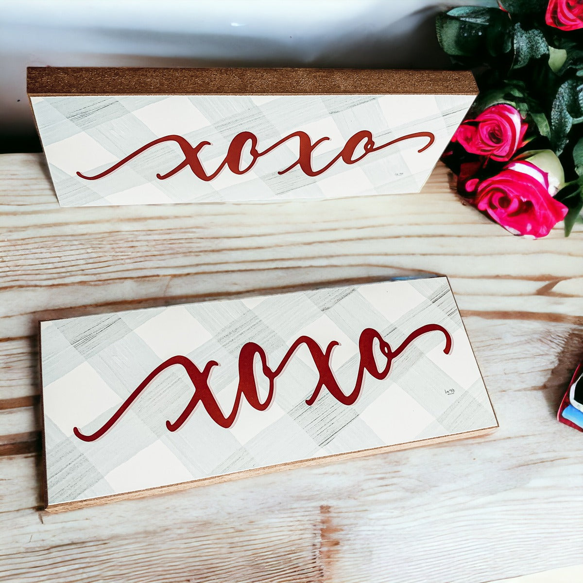Handmade Thick Wood XOXO Sign Tabletop Shelf Mantel Valentines Decor Red Accent Rustic Home
