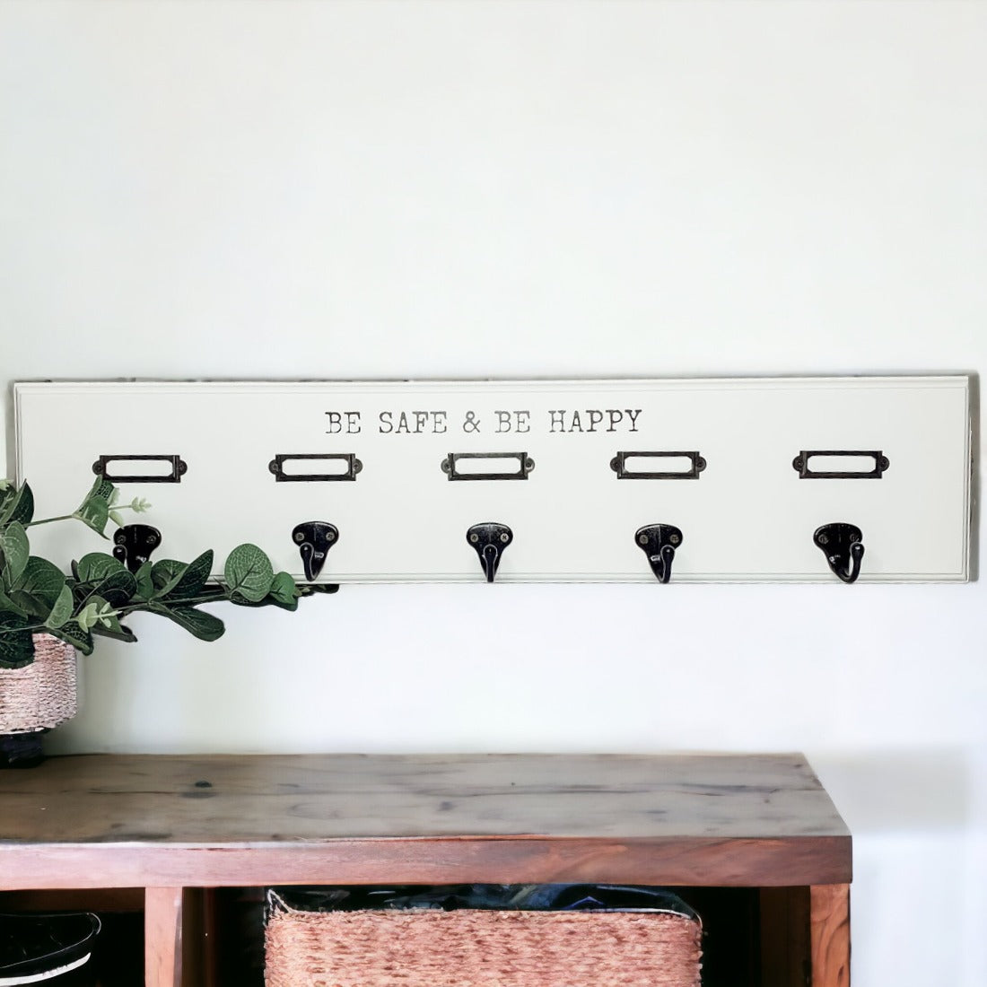 Wood Wall Mask And Hat Organizer With 6 Hooks For Coats Keys Scarves