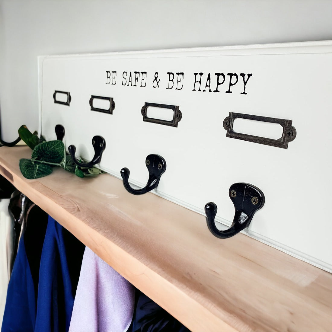 Wood Wall Mask And Hat Organizer With 6 Hooks For Coats Keys Scarves