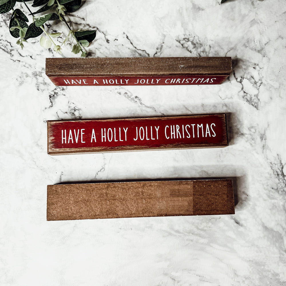 Holly Jolly Christmas Wooden Shelf Sitter Sign Holiday Mantel Shelf Decor Rustic Farmhouse