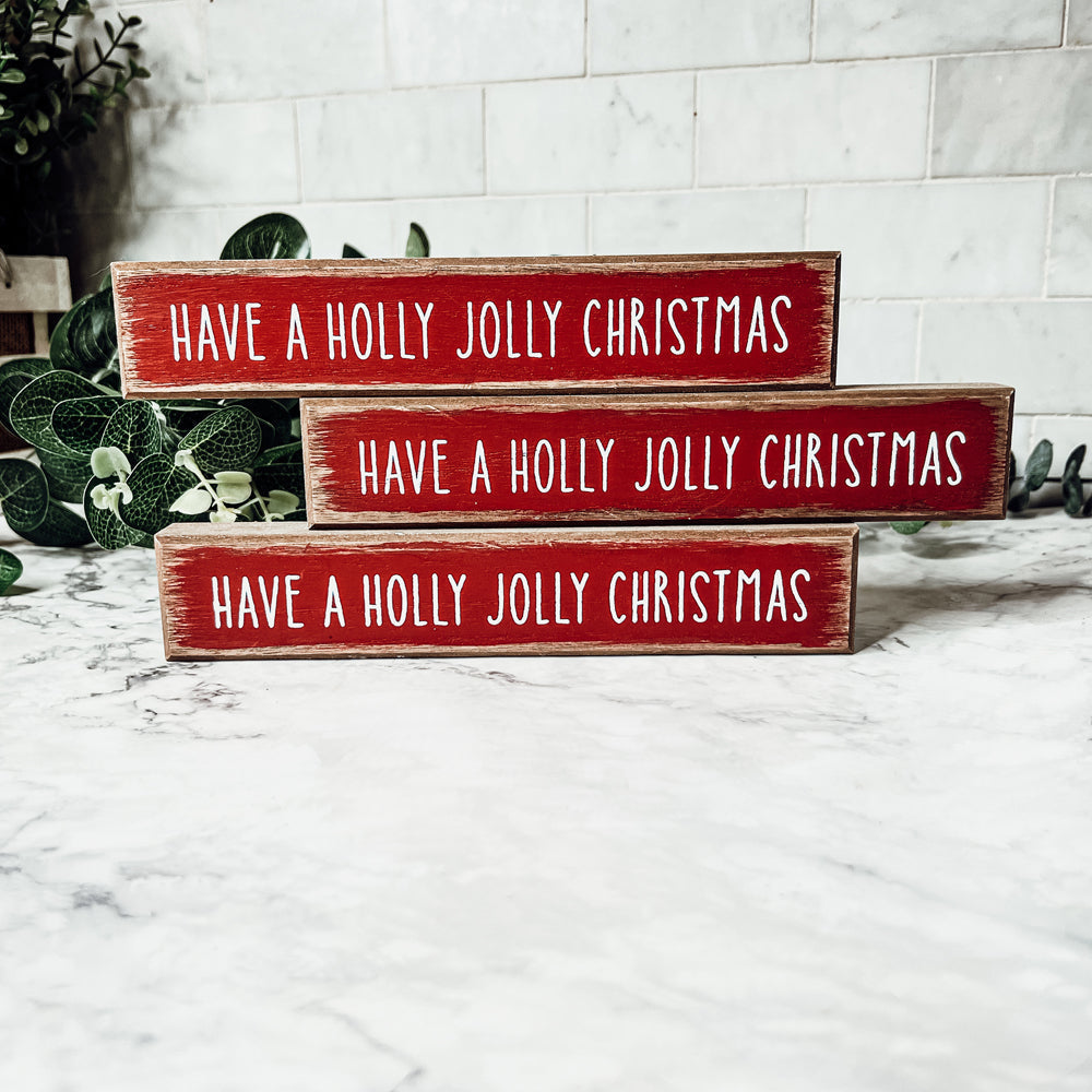 Holly Jolly Christmas Wooden Shelf Sitter Sign Holiday Mantel Shelf Decor Rustic Farmhouse