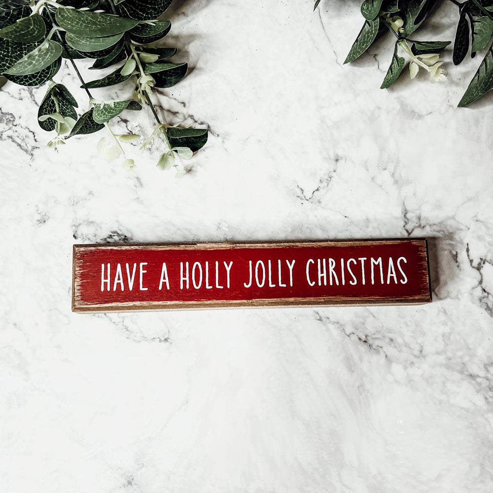 Holly Jolly Christmas Wooden Shelf Sitter Sign Holiday Mantel Shelf Decor Rustic Farmhouse