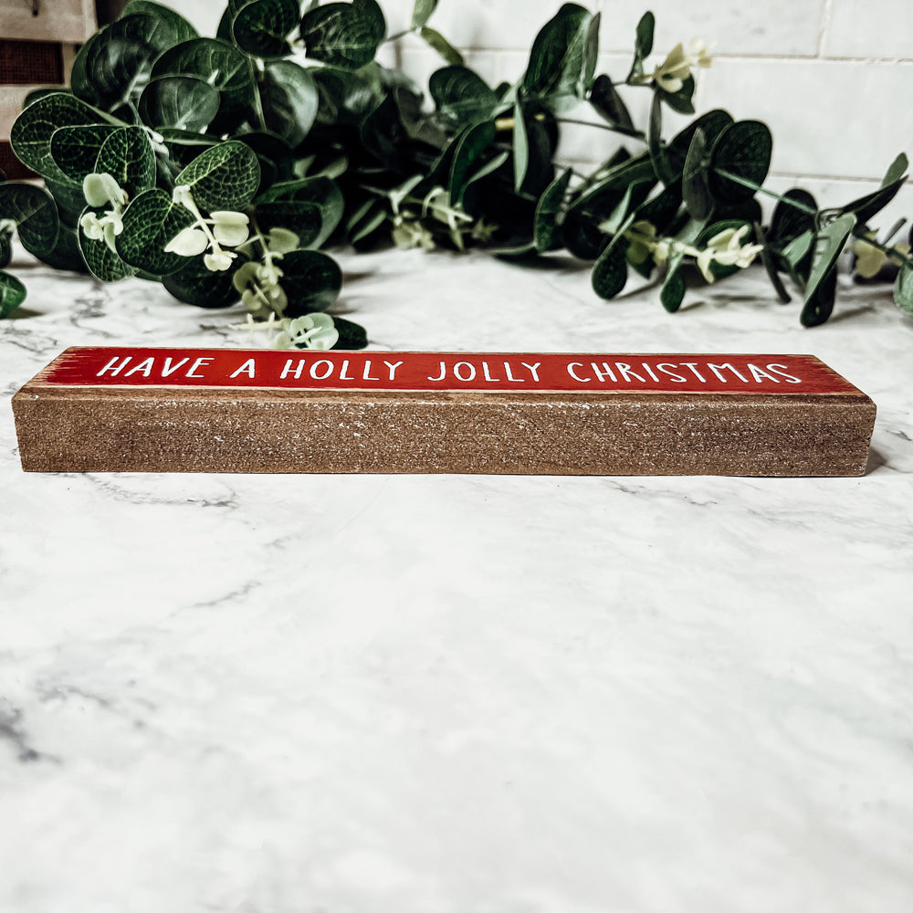 Holly Jolly Christmas Wooden Shelf Sitter Sign Holiday Mantel Shelf Decor Rustic Farmhouse