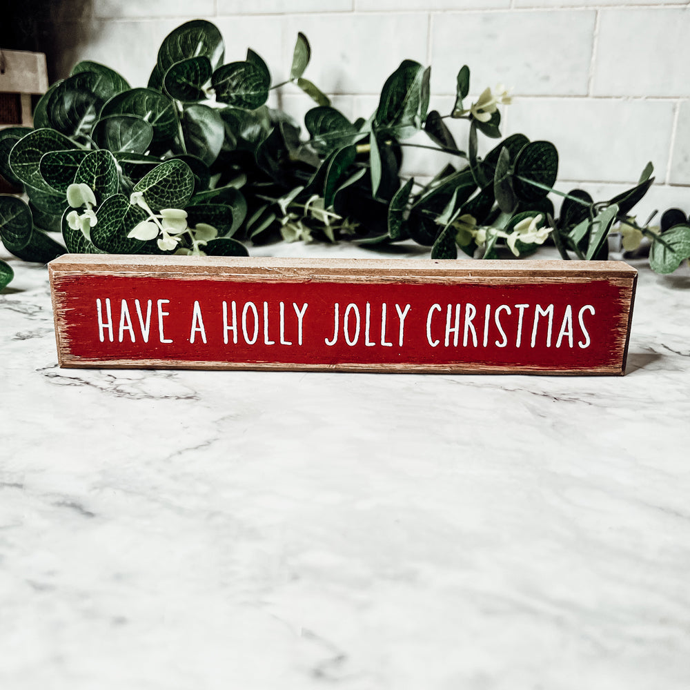Holly Jolly Christmas Wooden Shelf Sitter Sign Holiday Mantel Shelf Decor Rustic Farmhouse