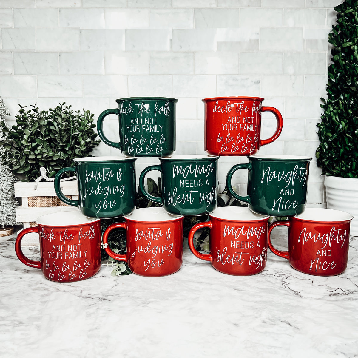 Santa Is Judging Mug 14.5oz Ceramic Campfire Style Holiday Coffee Mug Red Or Green Double Sided