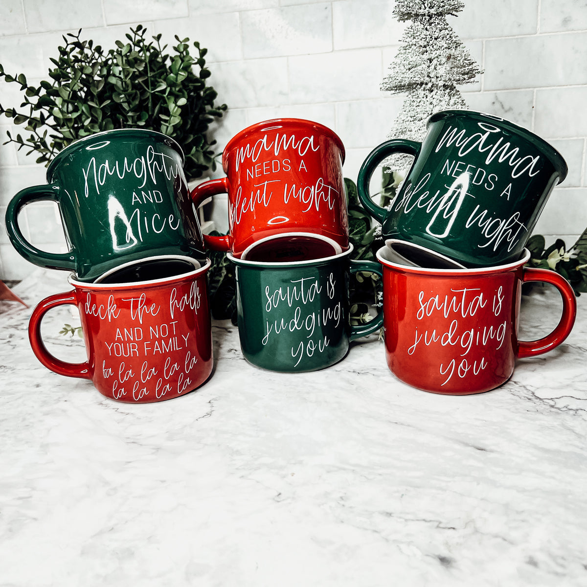 Santa Is Judging Mug 14.5oz Ceramic Campfire Style Holiday Coffee Mug Red Or Green Double Sided